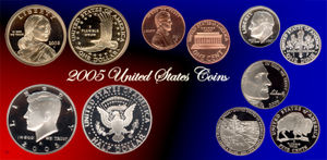 Top row: Sacagawea Dollar, Lincoln Cent, and Roosevelt Dime. Bottom: Kennedy Half Dollar, and Westard Journey Series Jefferson Nickel